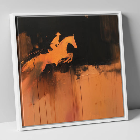 Jumping Horse in Burnt Orange show jumping horse canvas wall art in white frame