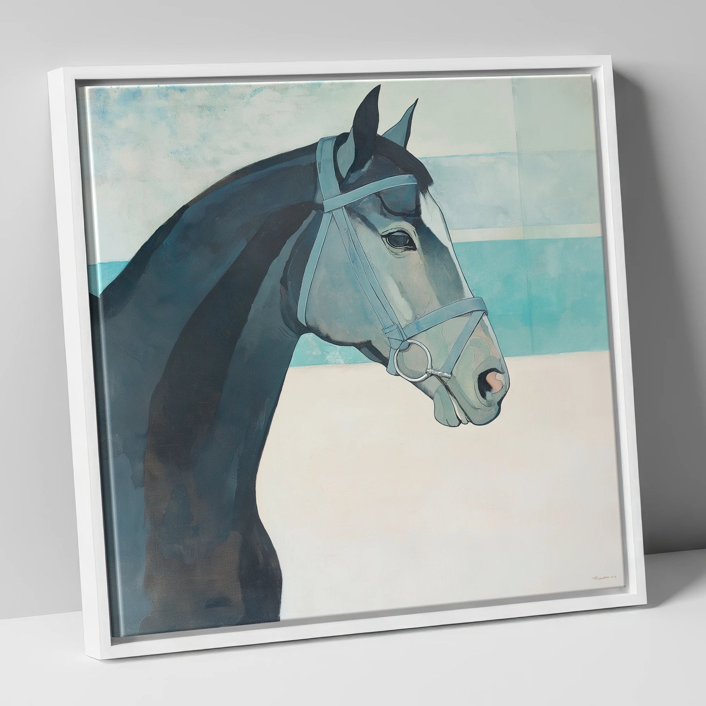 Serene Aquamarine Profile racing horse canvas wall art in white frame
