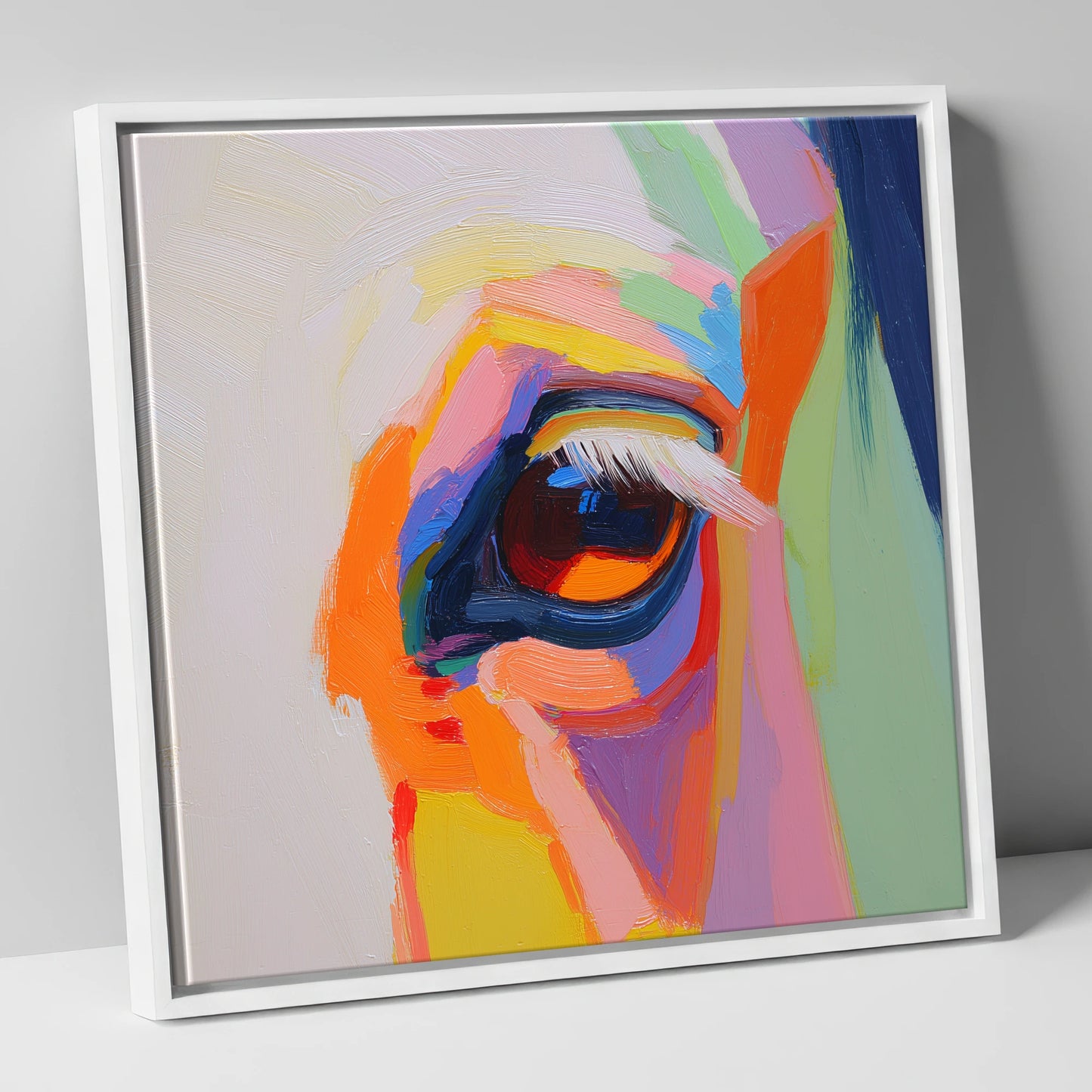 Kaleidoscopic Gaze horse portrait canvas wall art in white frame
