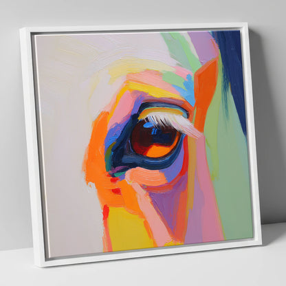 Kaleidoscopic Gaze horse portrait canvas wall art in white frame