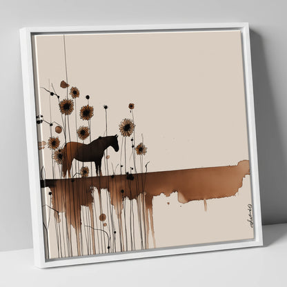 Sepia Sunflower Silhouette horse landscape canvas wall art in white frame