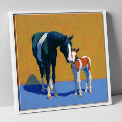 Sun-Drenched Devotion mare & foal canvas wall art in white frame
