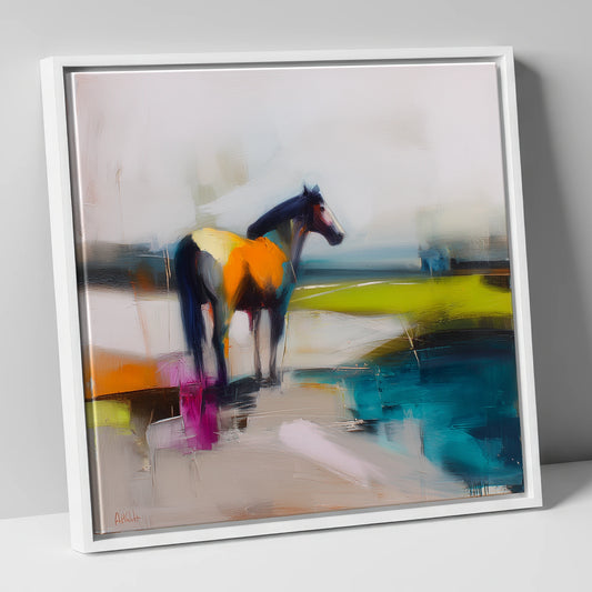 Abstract Equine Horizon horse landscape canvas wall art in white frame