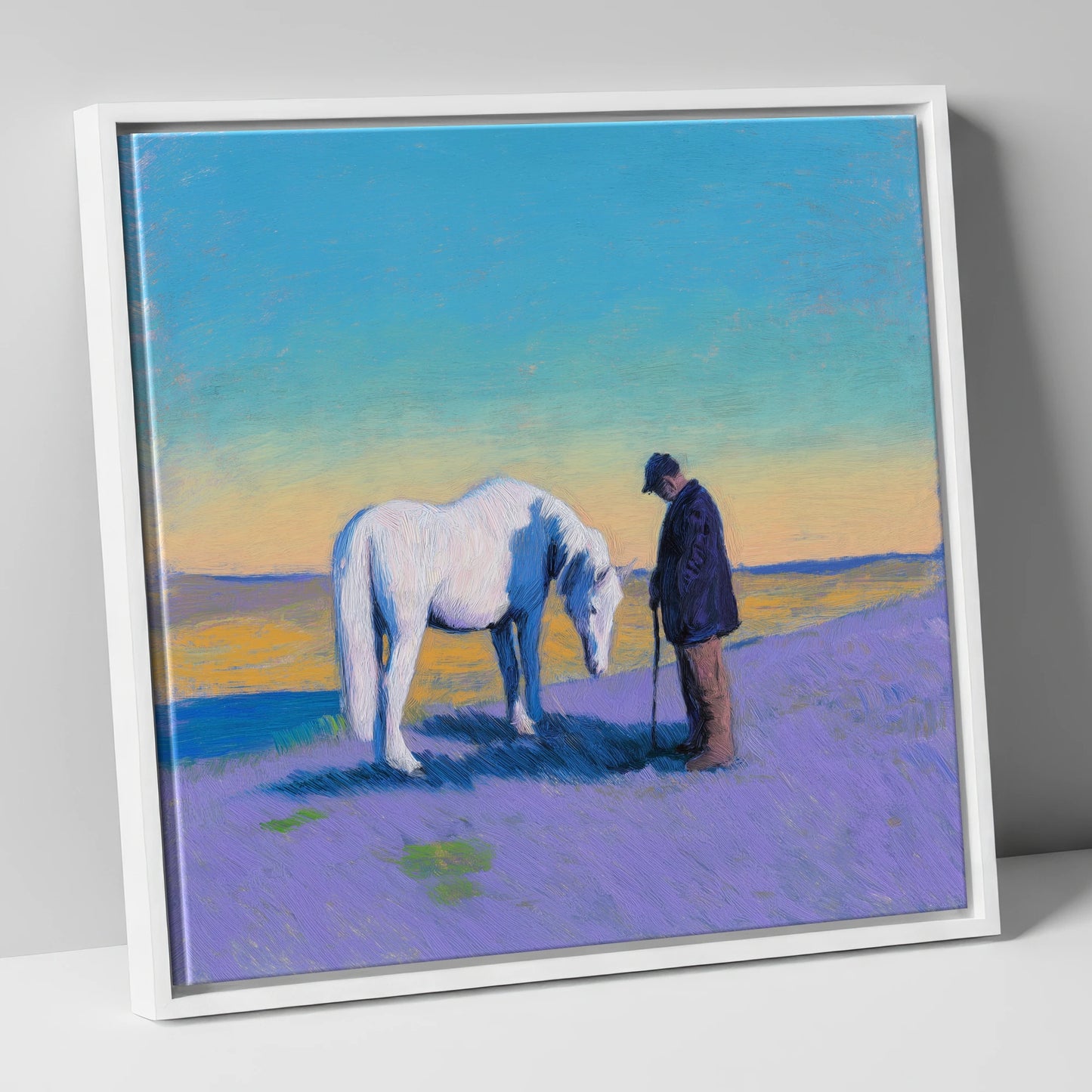 The Silent Bond horse & rider canvas wall art in white frame