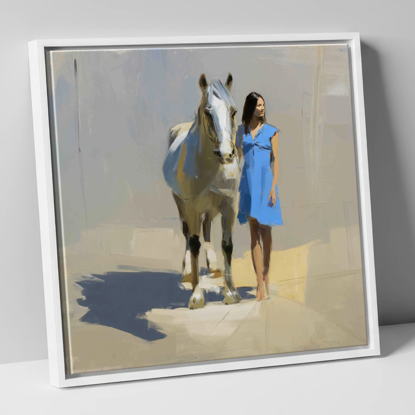 Sunlit Serenity horse & rider canvas wall art in white frame