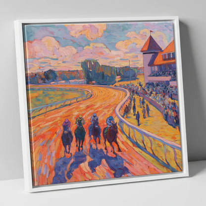 Colours of the Home Straight racing horse canvas wall art in white frame