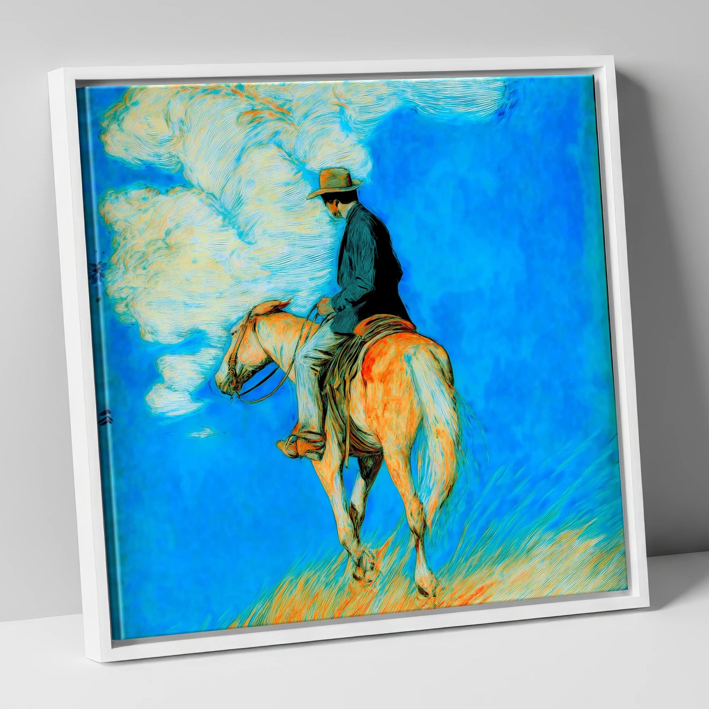 Vivid Western Horizon western horse canvas wall art in white frame