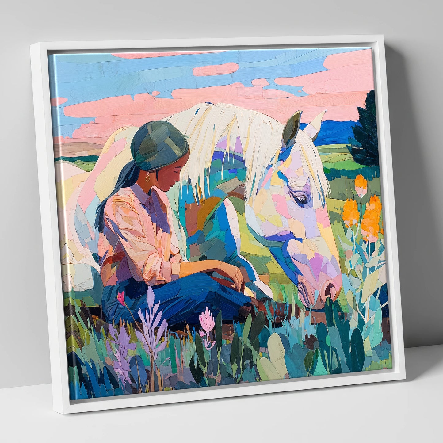 Quiet Summer Connection horse & rider canvas wall art in white frame