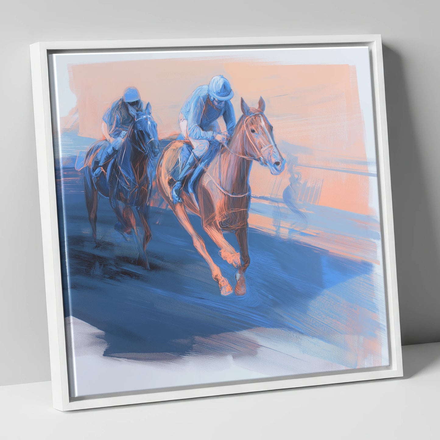 The Blue Furlong racing horse canvas wall art in white frame