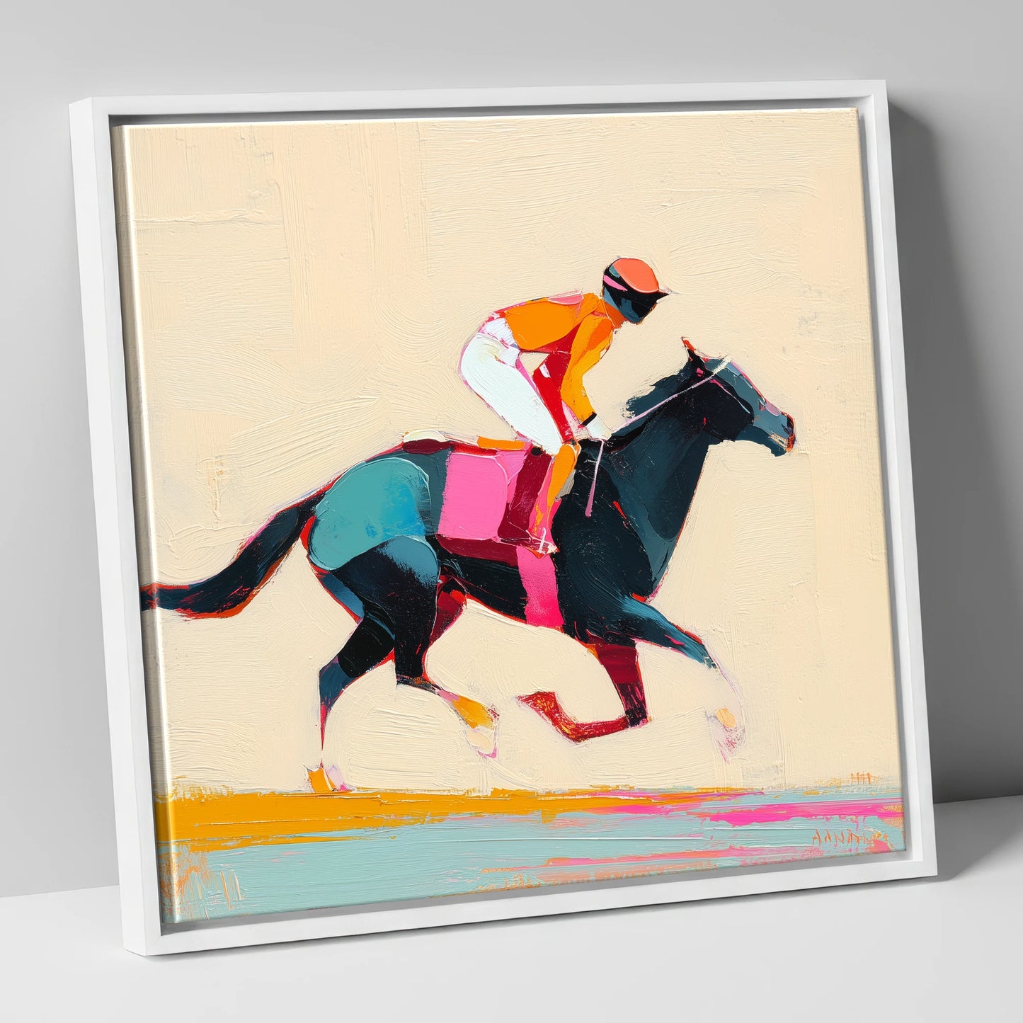 Colour on the Turf racing horse canvas wall art in white frame