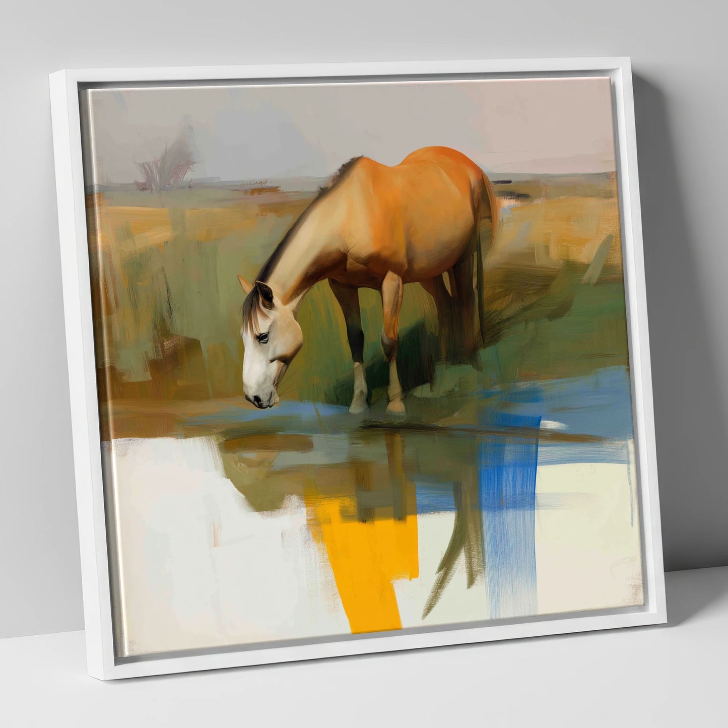 Vibrant Waterside Reflection horse landscape canvas wall art in white frame