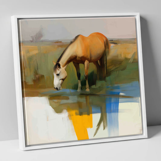 Vibrant Waterside Reflection horse landscape canvas wall art in white frame
