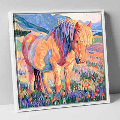 Colourful Horse in Wildflower Meadow horse breed canvas wall art in white frame