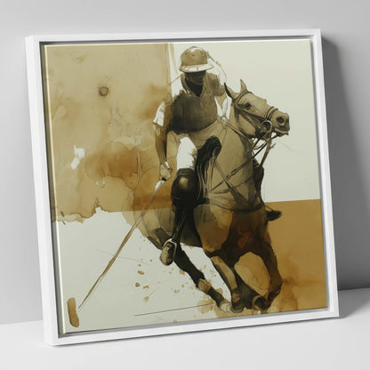Sepia Polo Pursuit polo horse canvas wall art in white frame