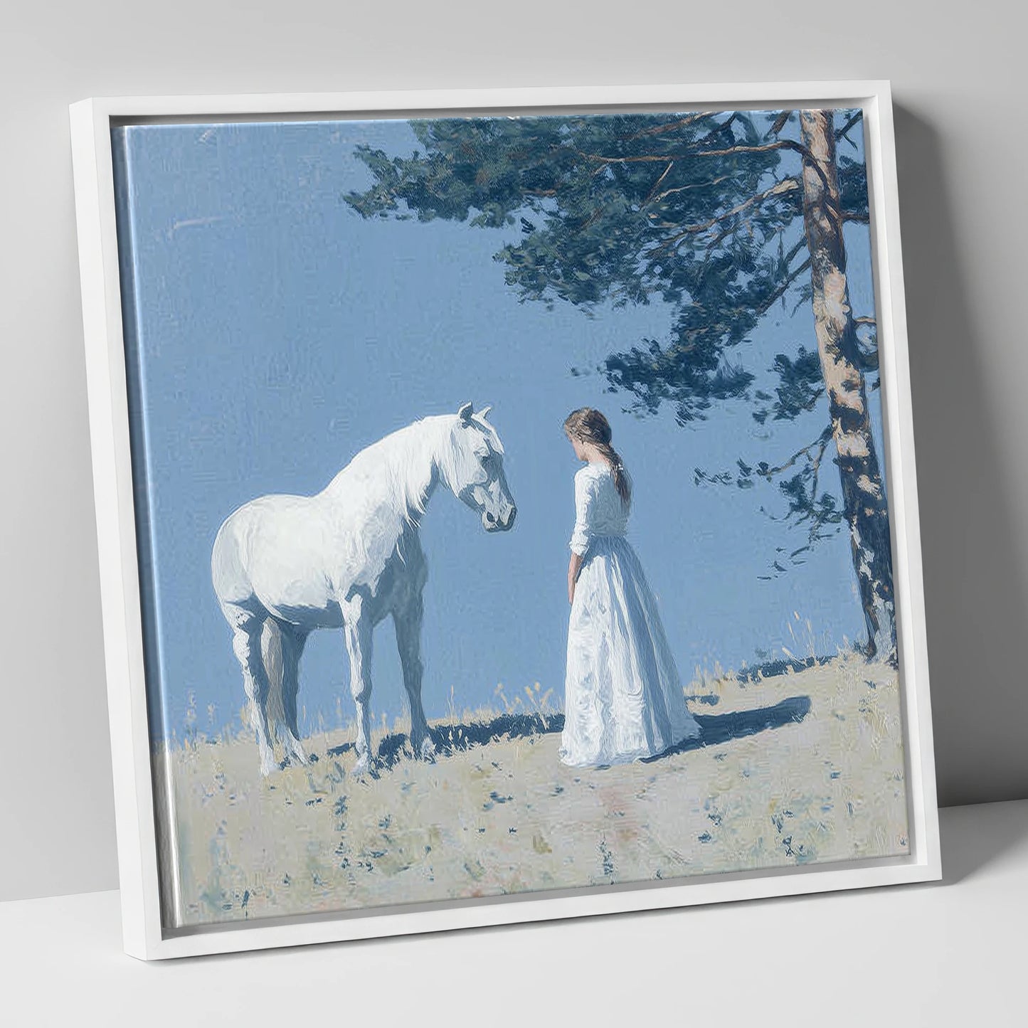 Beneath the Summer Pine horse & rider canvas wall art in white frame