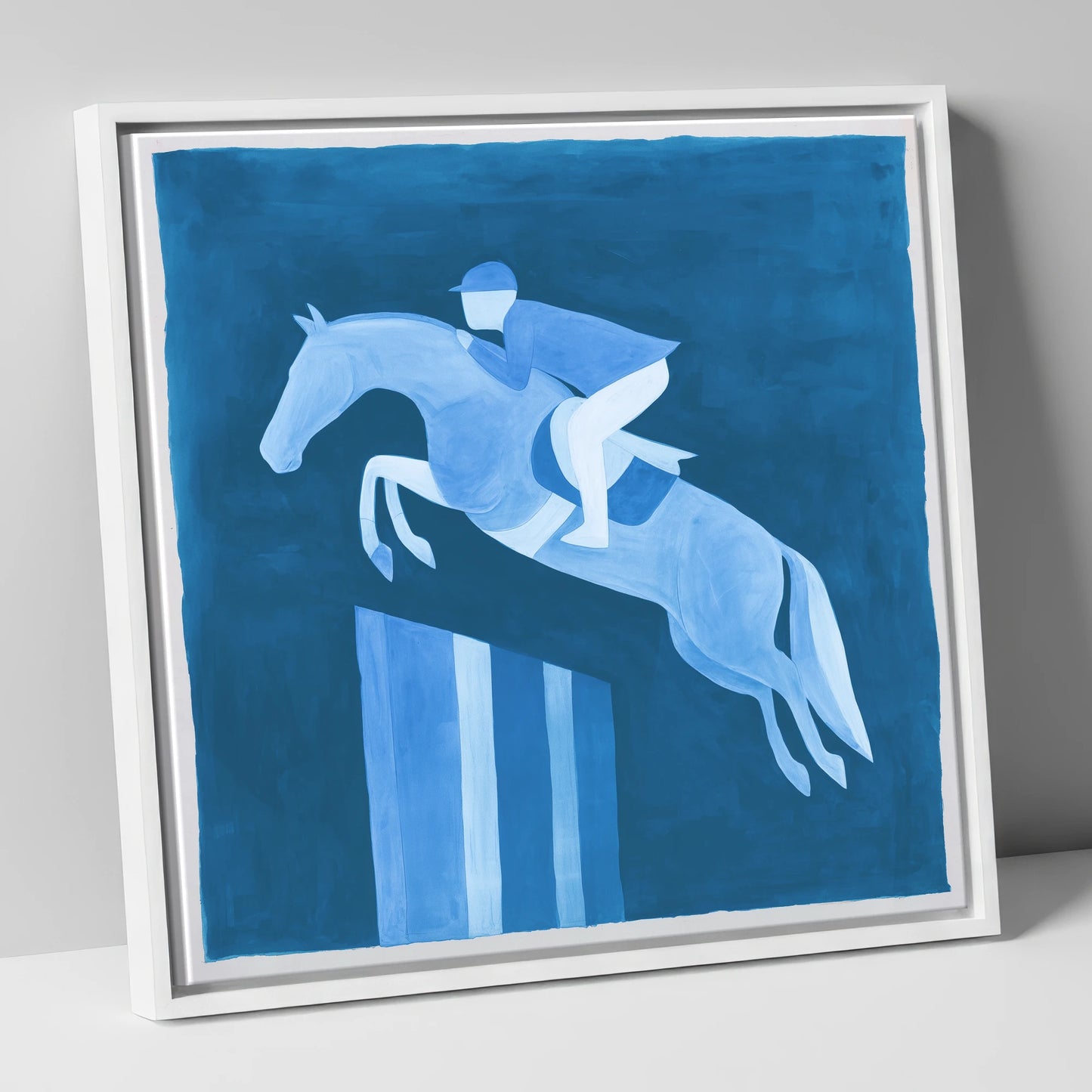 Azure Ascent show jumping horse canvas wall art in white frame