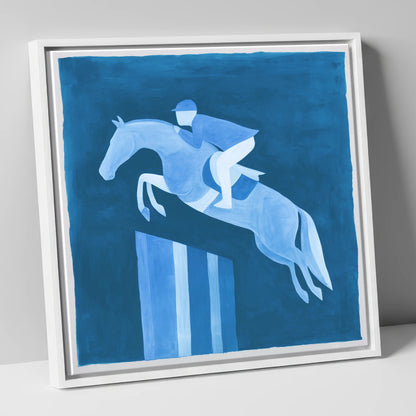 Azure Ascent show jumping horse canvas wall art in white frame
