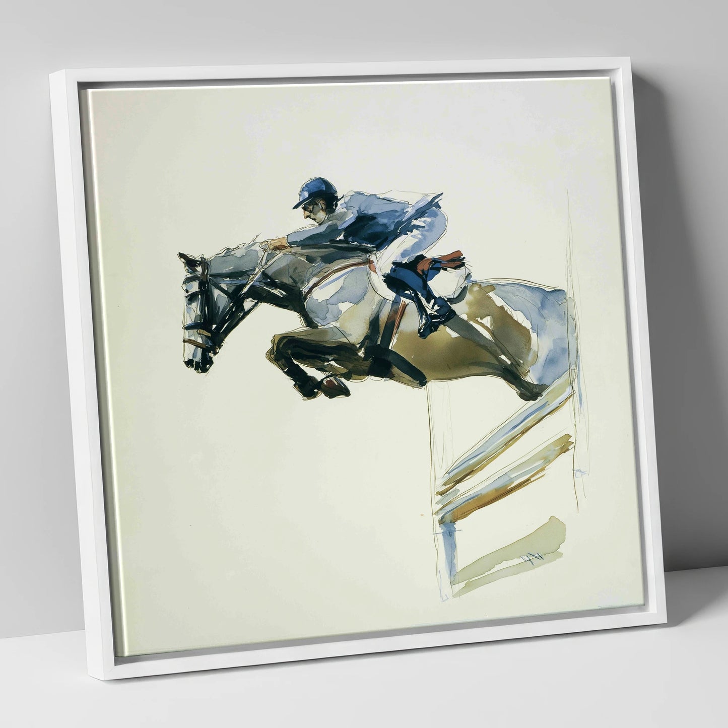 The Perfect Bascule show jumping horse canvas wall art in white frame
