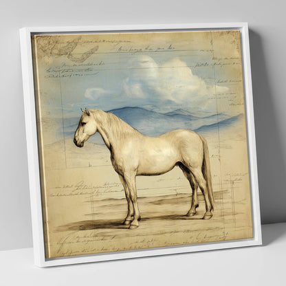 Classical Equine Study horse portrait canvas wall art in white frame