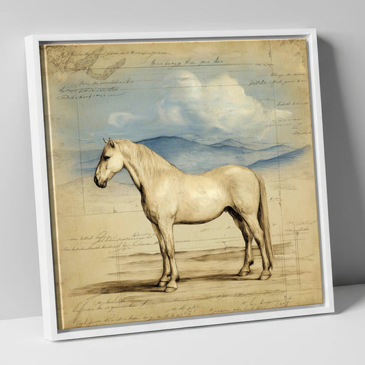 Classical Equine Study horse portrait canvas wall art in white frame