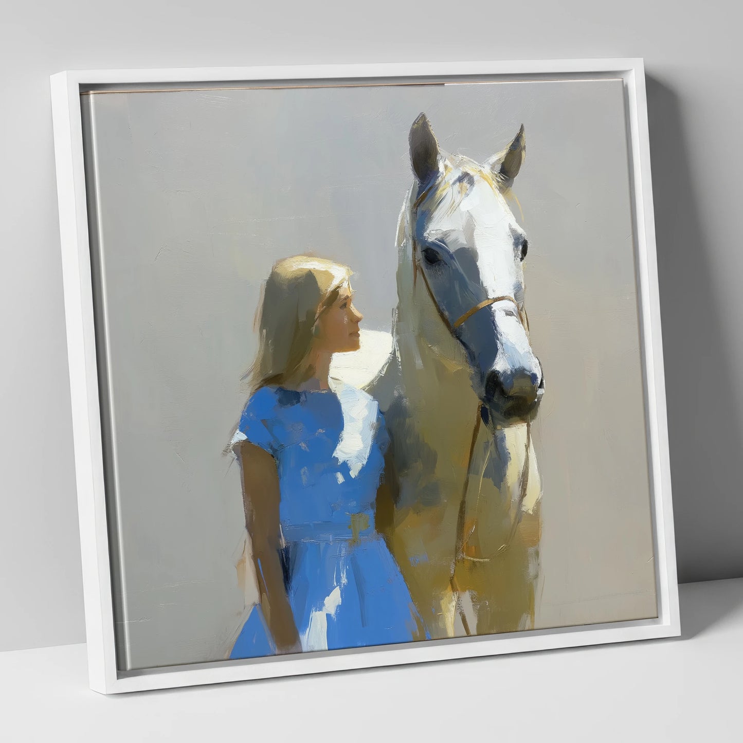 A Sunlit Bond horse & rider canvas wall art in white frame