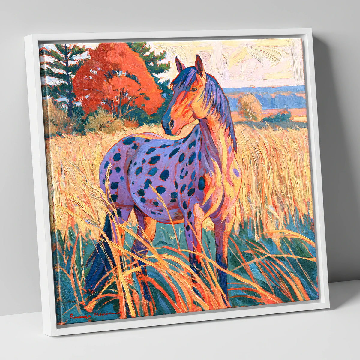 Spotted Appaloosa in Autumn Grass horse breed canvas wall art in white frame