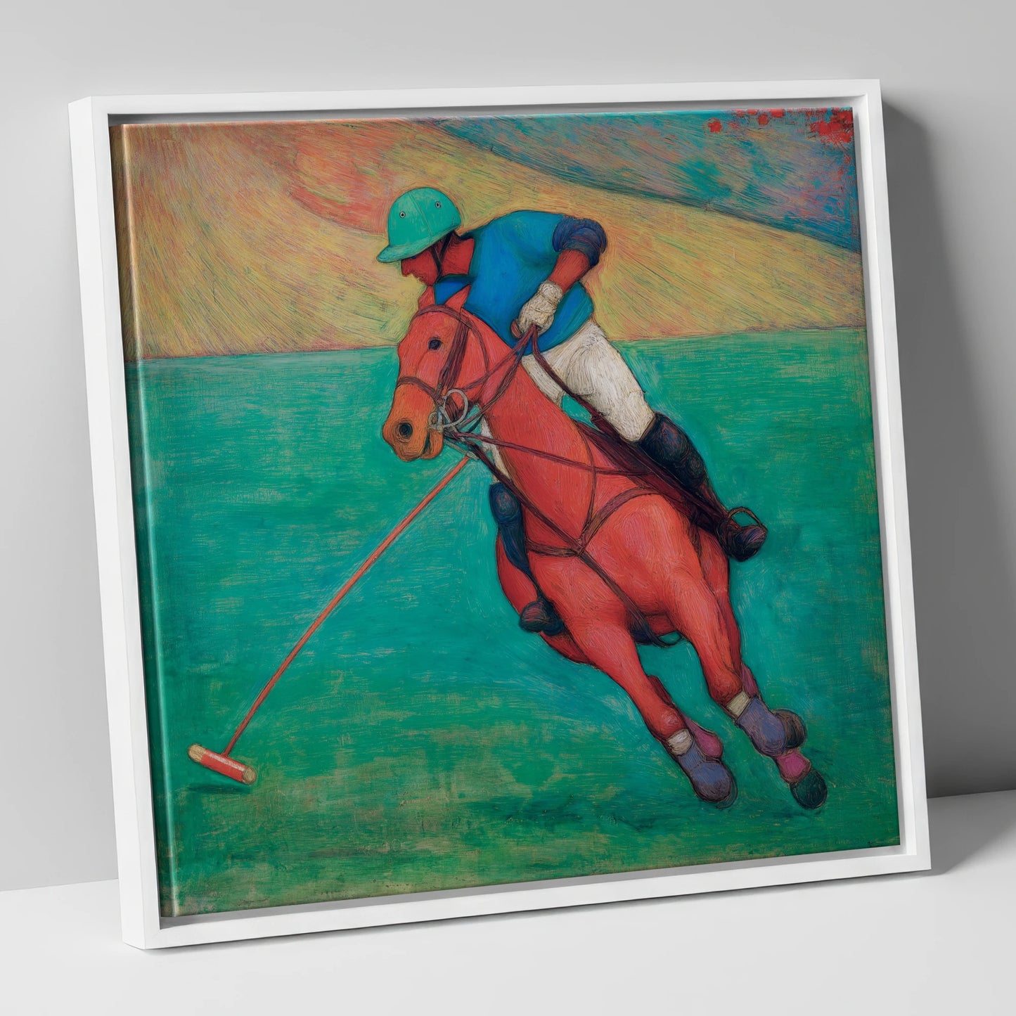 The Crimson Chukka polo horse canvas wall art in white frame