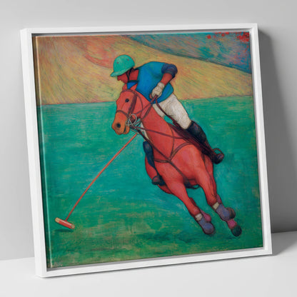 The Crimson Chukka polo horse canvas wall art in white frame