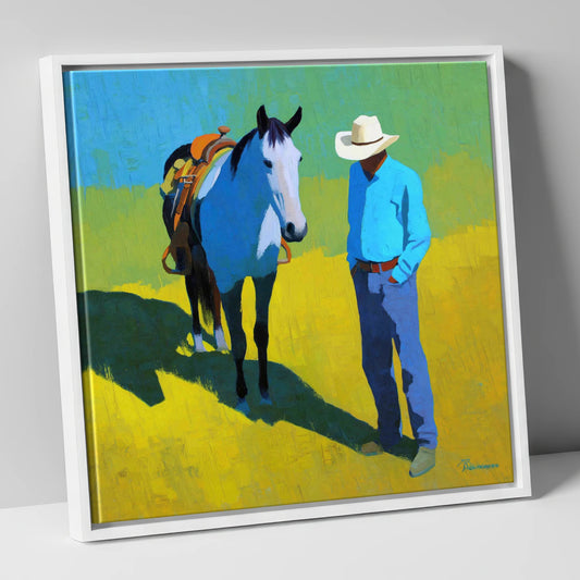 Sunlit Western Shadows western horse canvas wall art in white frame