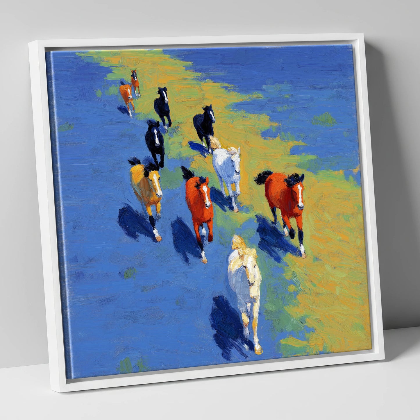 Sunlit Azure Gallop wild horses canvas wall art in white frame