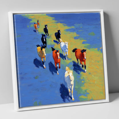 Sunlit Azure Gallop wild horses canvas wall art in white frame