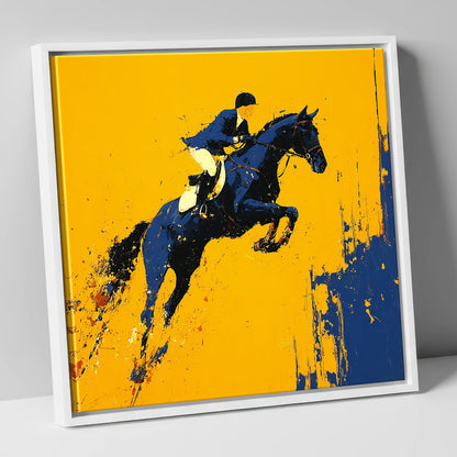 Airborne Over Gold show jumping horse canvas wall art in white frame