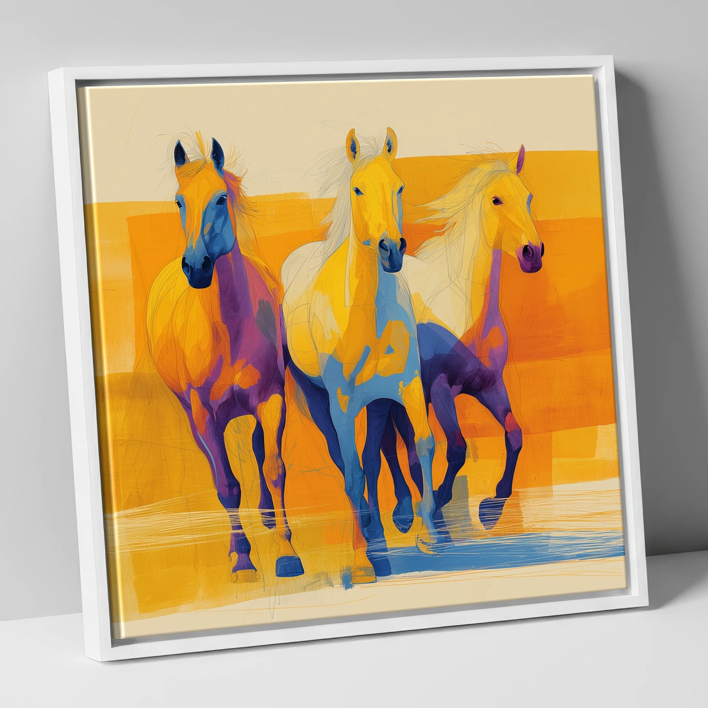 Three Vibrant Strides horse landscape canvas wall art in white frame