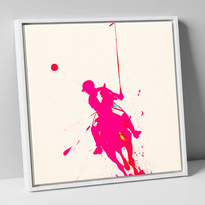 Vivid Polo Strike polo horse canvas wall art in white frame
