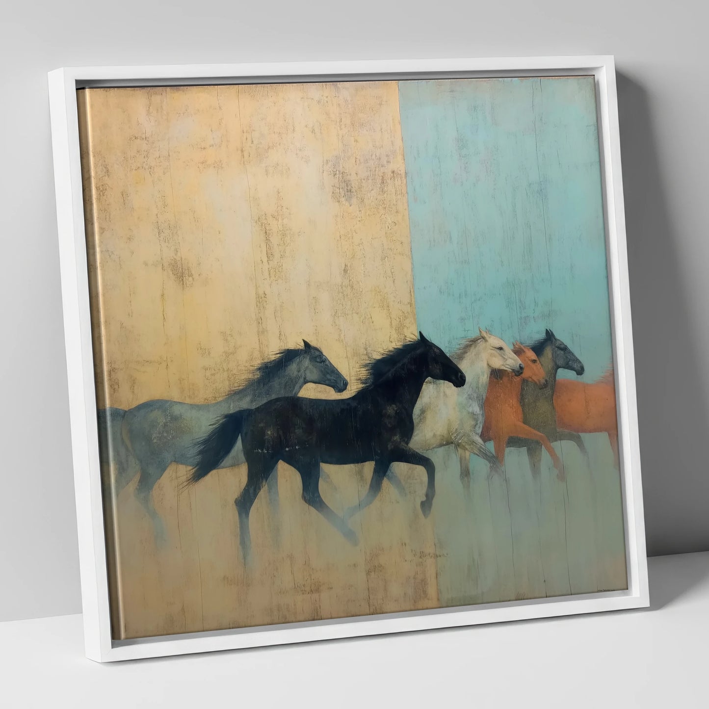 Ethereal Ochre Herd wild horses canvas wall art in white frame