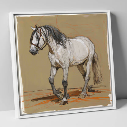 Spirited Grey Study horse breed canvas wall art in white frame