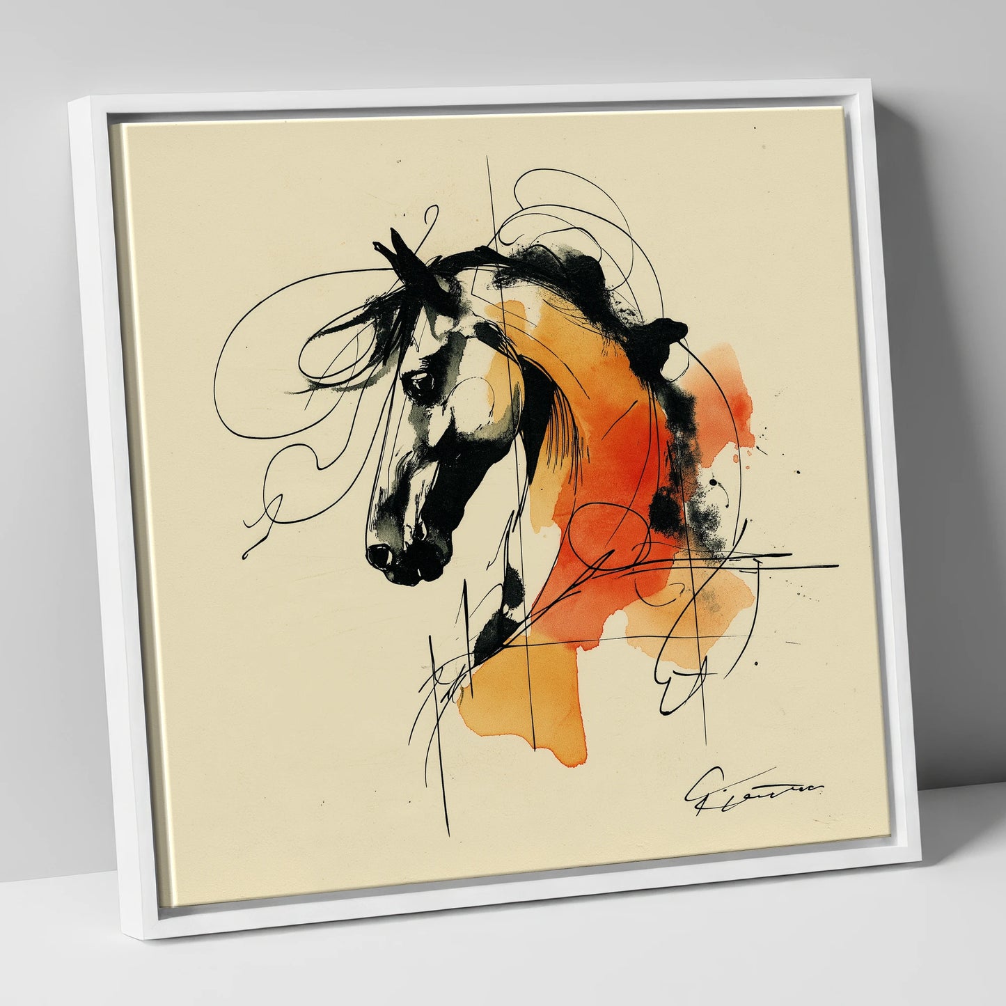 Spirit in Ink and Amber horse breed canvas wall art in white frame