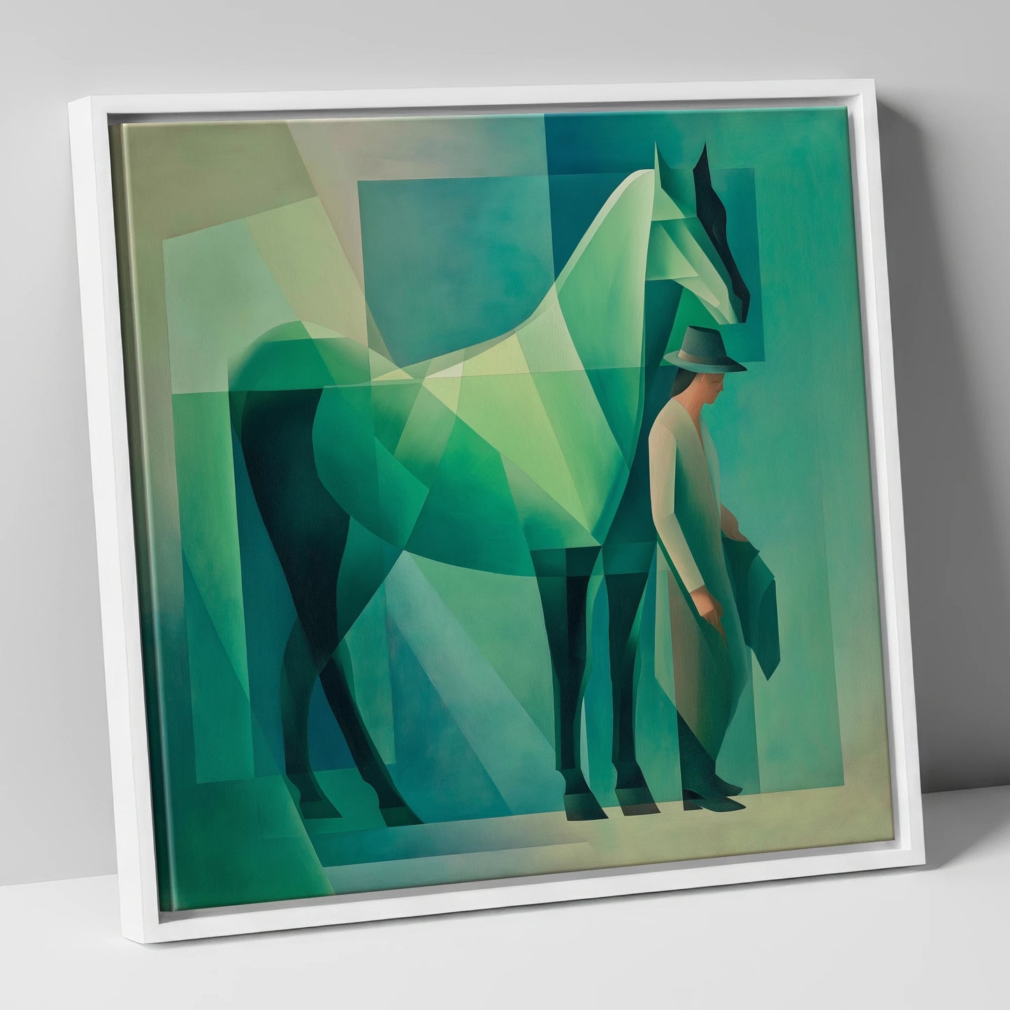 Emerald Geometry horse & rider canvas wall art in white frame