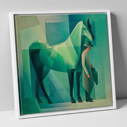 Emerald Geometry horse & rider canvas wall art in white frame