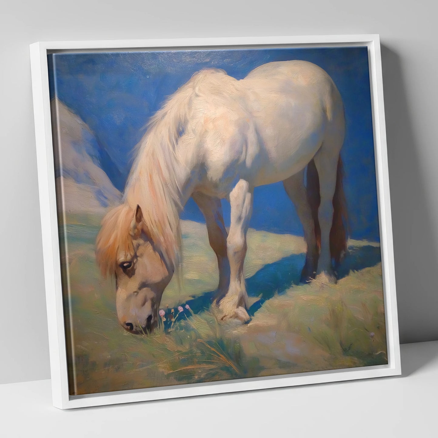 Sunlit Grazing horse breed canvas wall art in white frame