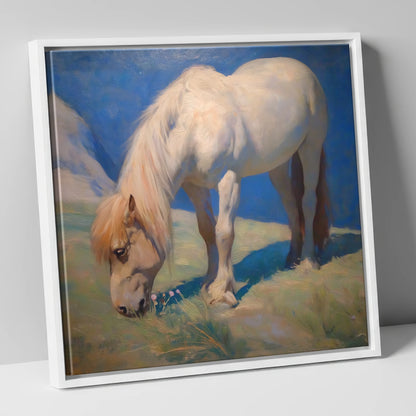 Sunlit Grazing horse breed canvas wall art in white frame