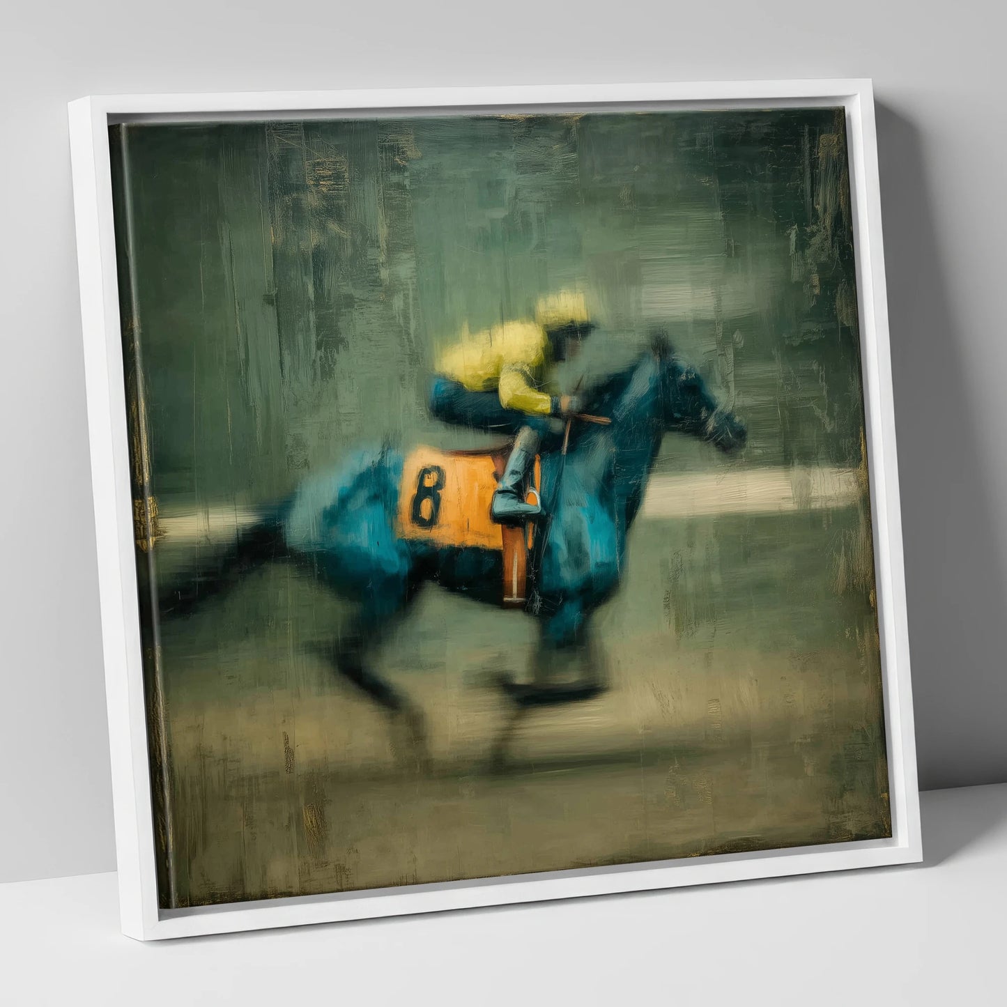 Number Eight at Speed racing horse canvas wall art in white frame