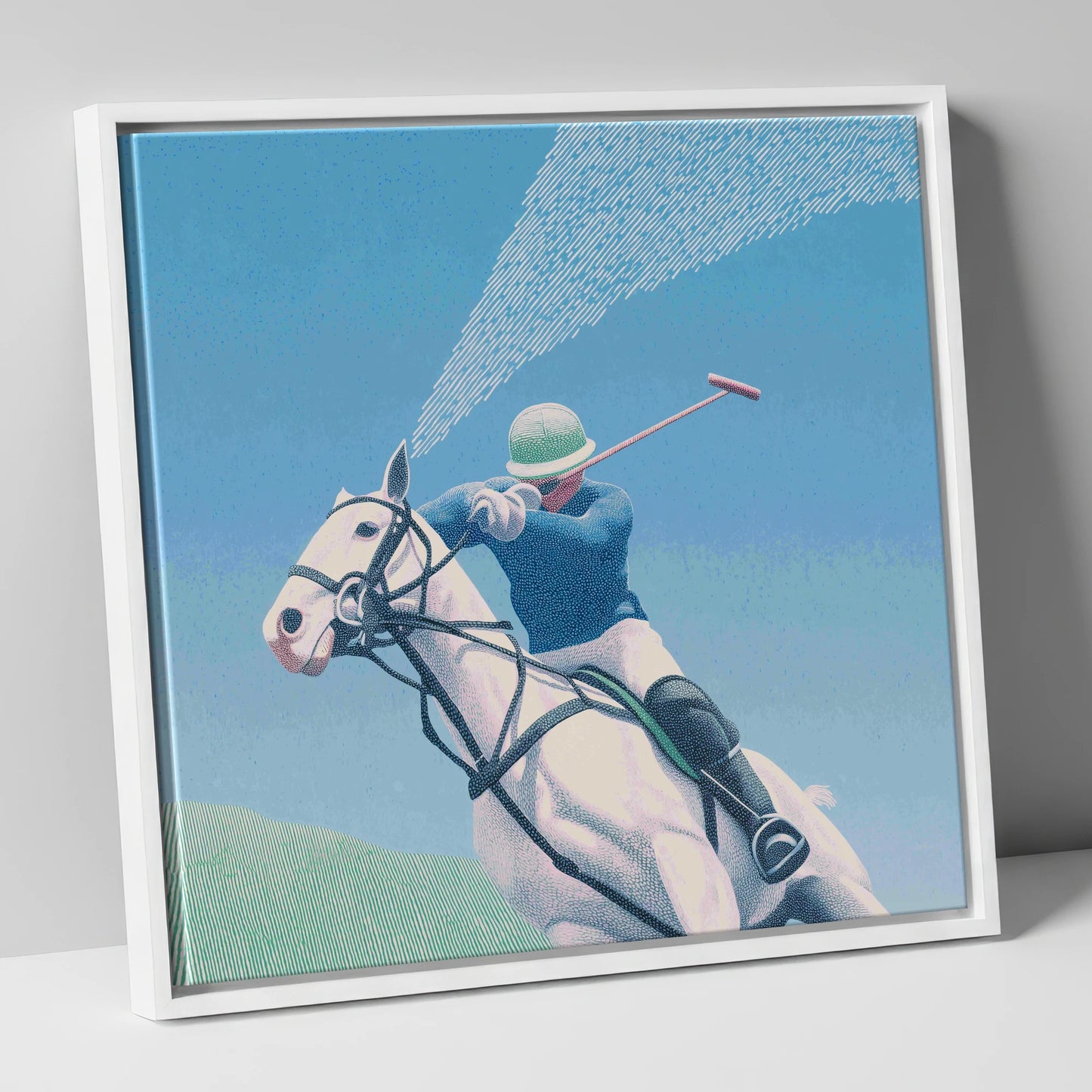 Skyward Swing polo horse canvas wall art in white frame