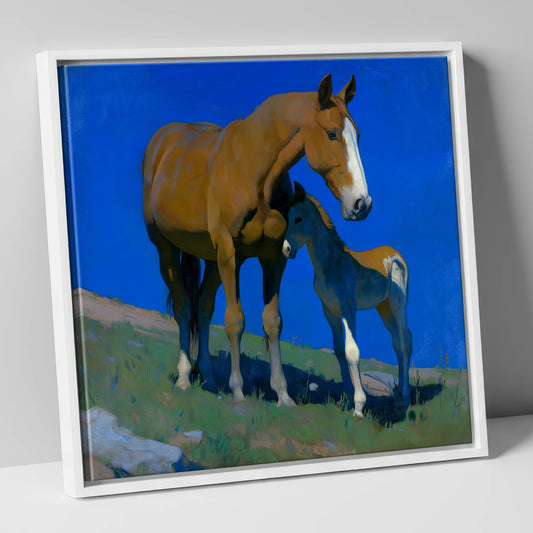 Under the Cobalt Sky mare & foal canvas wall art in white frame