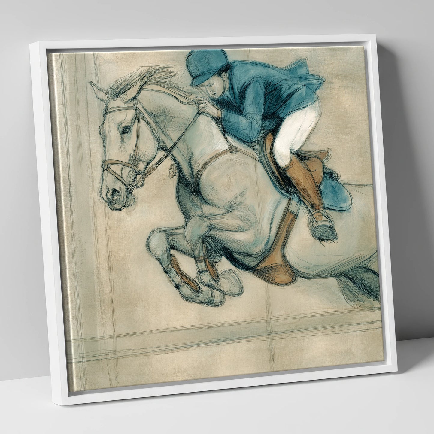 Suspended Flight show jumping horse canvas wall art in white frame