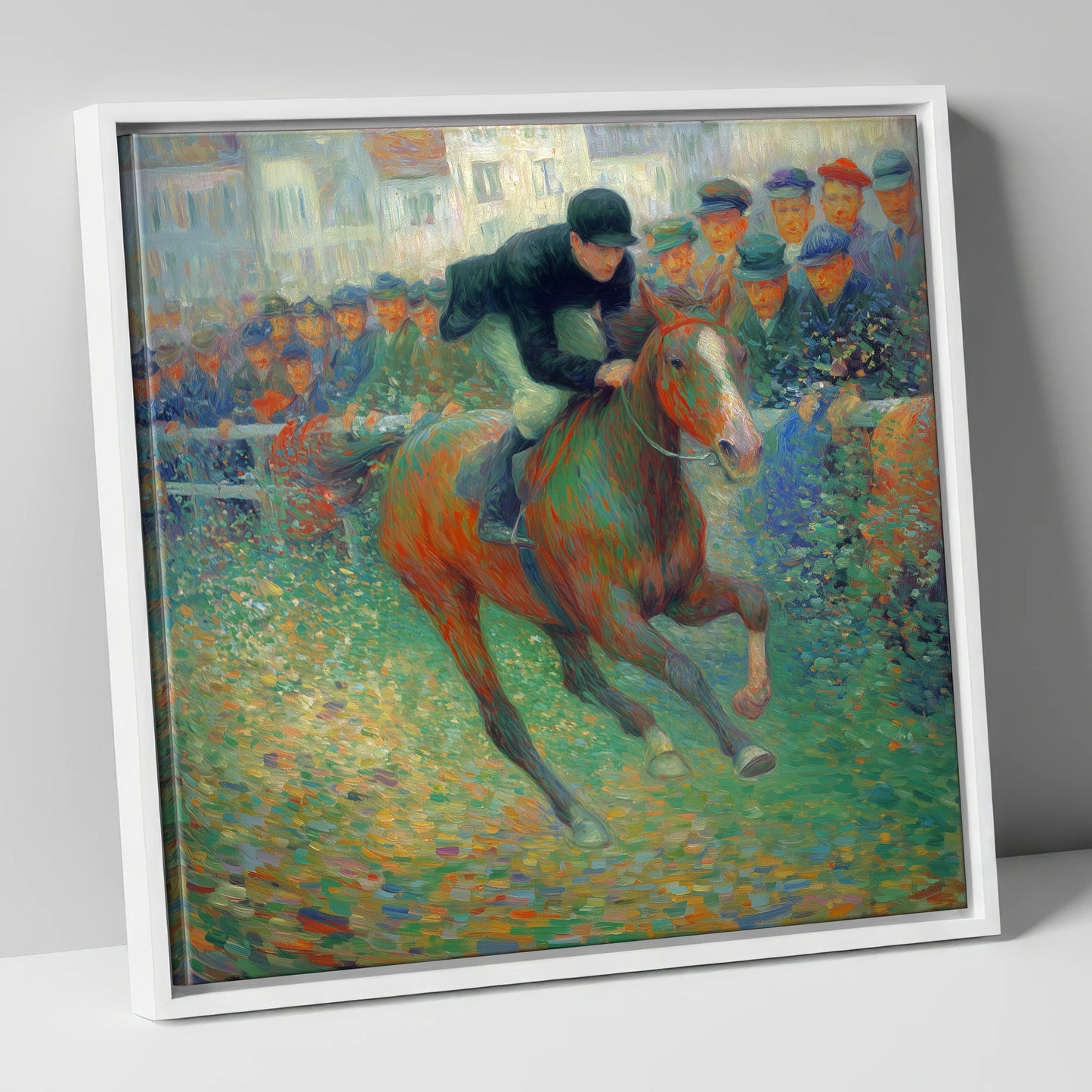 The Finishing Straight racing horse canvas wall art in white frame