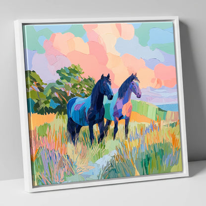 Pastures in Pastel horse landscape canvas wall art in white frame