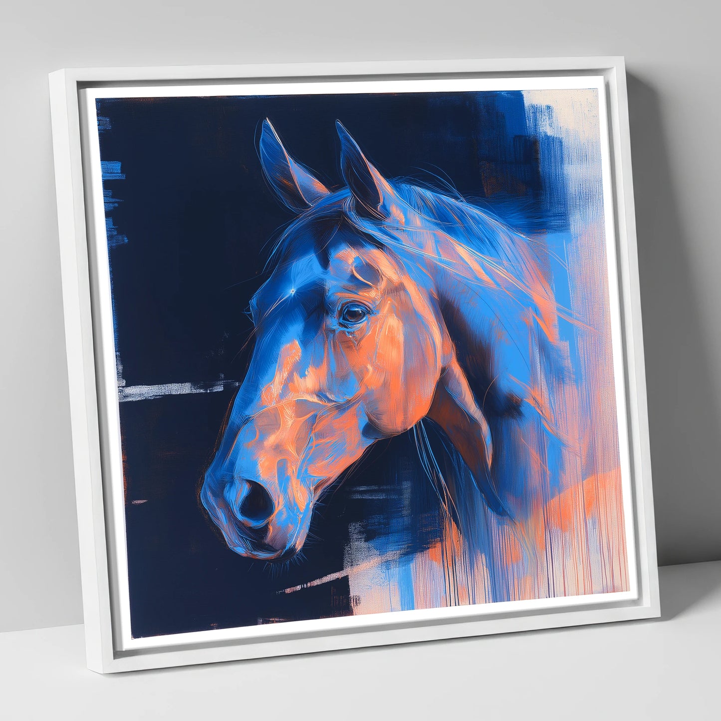 Cobalt and Copper Gaze horse portrait canvas wall art in white frame