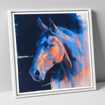 Cobalt and Copper Gaze horse portrait canvas wall art in white frame