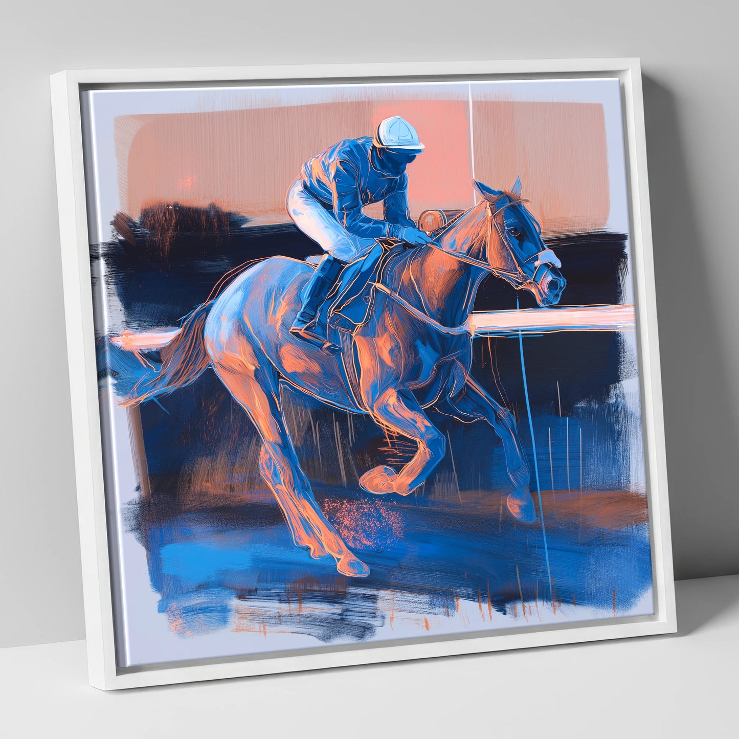 Cobalt Stride racing horse canvas wall art in white frame